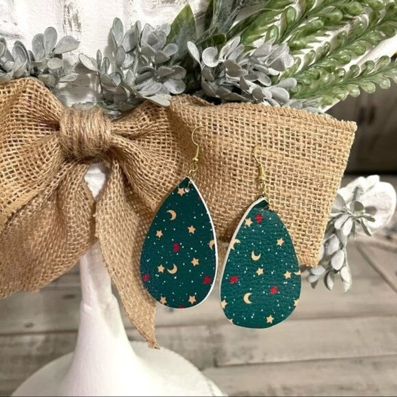 Handmade Christmas Celestial Santa Claus Moon Stars Teardrop Statement Earrings - Picture 3 of 3